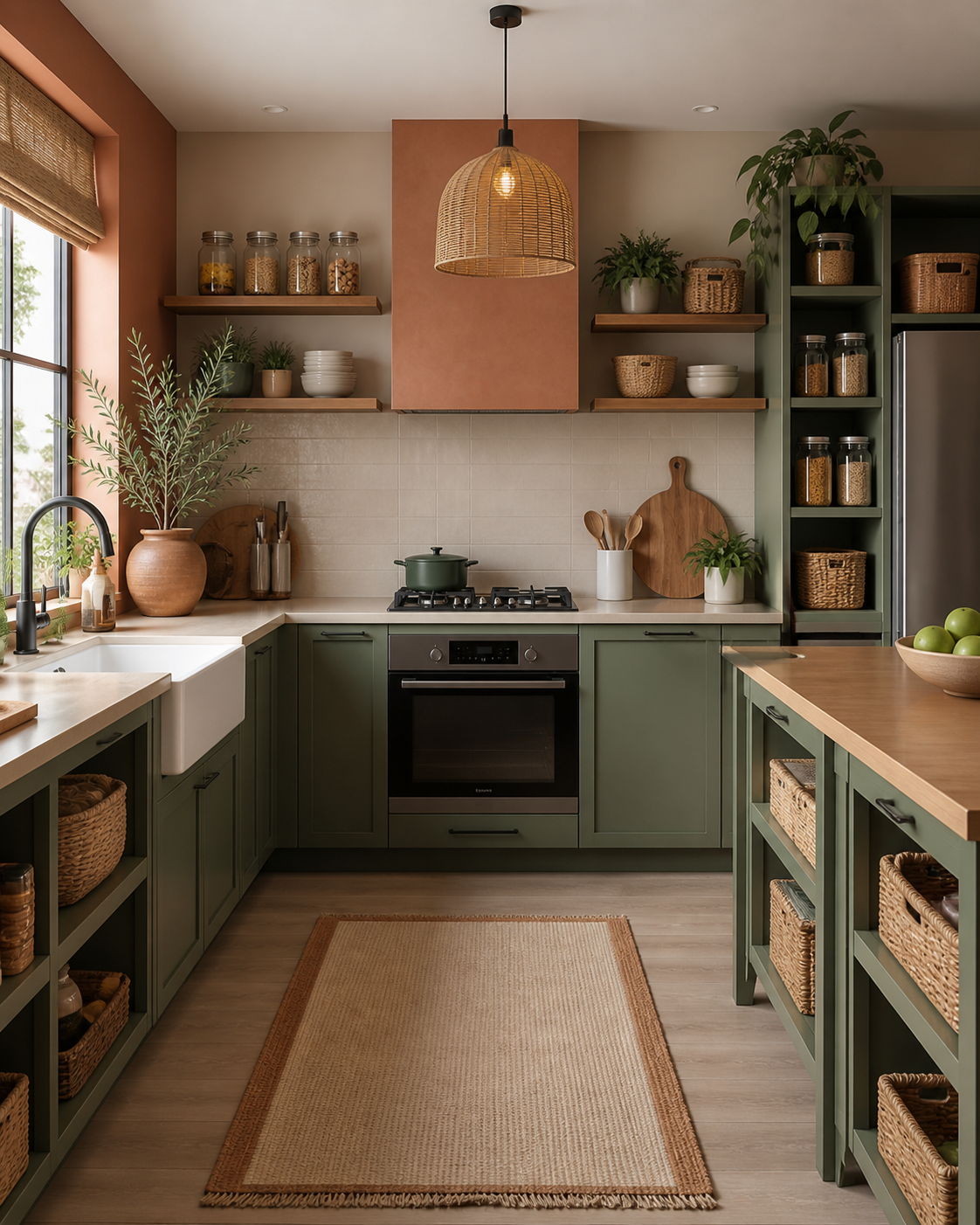 Beautifully organized kitchen with open shelving