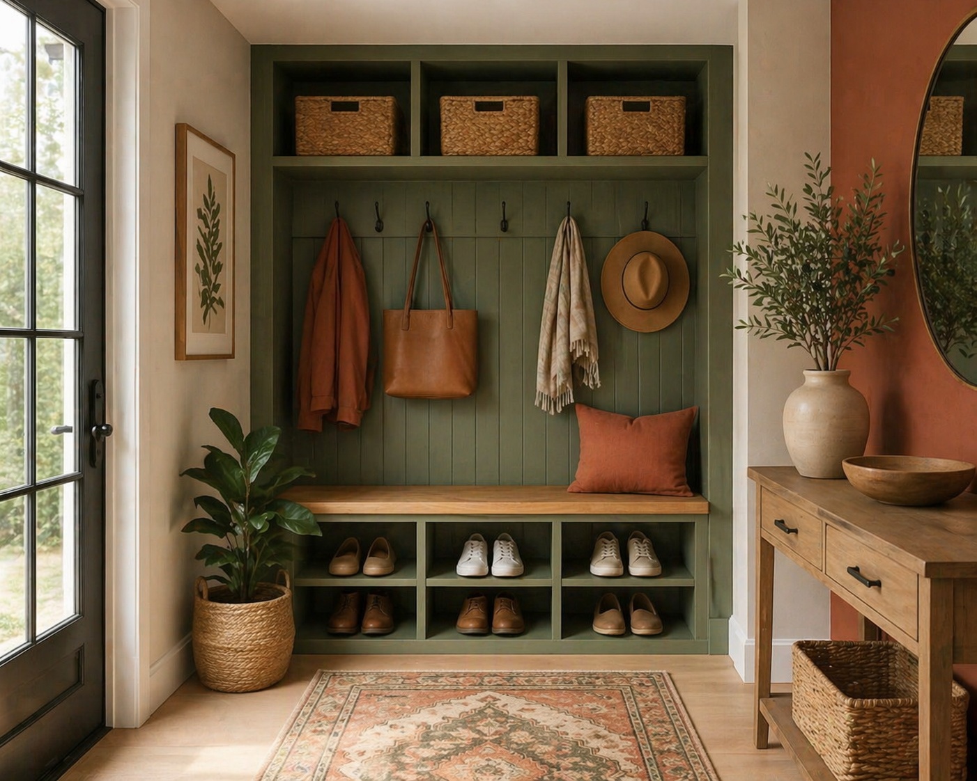 Organized living room with beautiful shelving